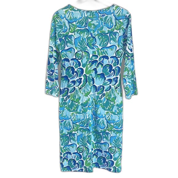 Lilly Pulitzer Knit Dress Sise S Scoop Neck Floral White Blue Green Side Slits - Picture 4 of 6